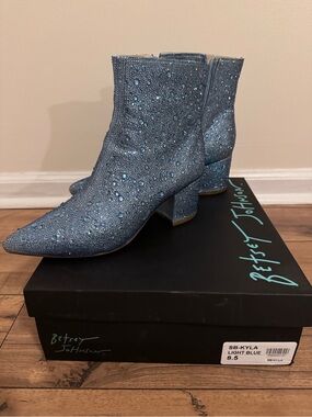 Betsey Johnson Light Blue Crystal-Embellished Ankle Boots